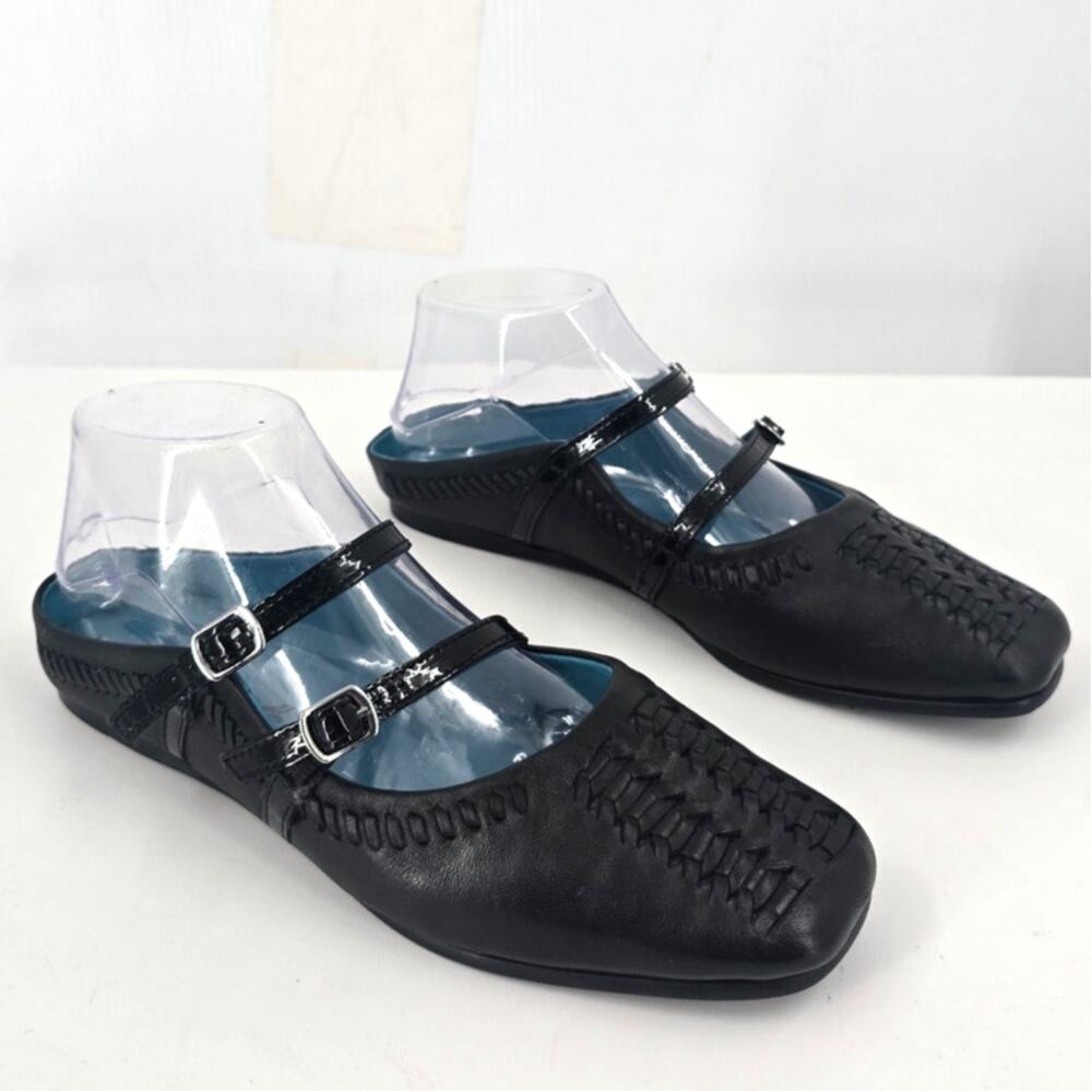 Free People Diana Black Leather Double Strap Woven Backless Mule Flats EU 37.5